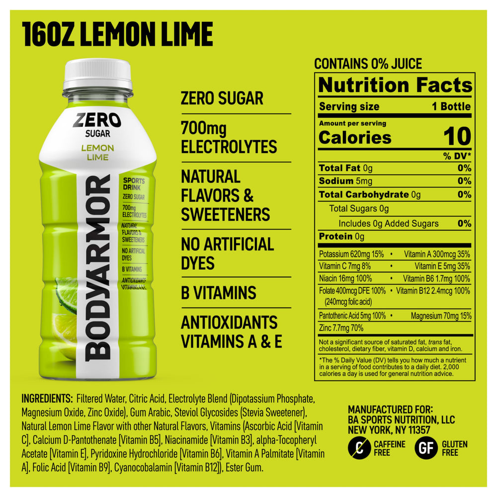 BODYARMOR Zero Sugar Lemon Lime being poured highlights easy on-the-go hydration.