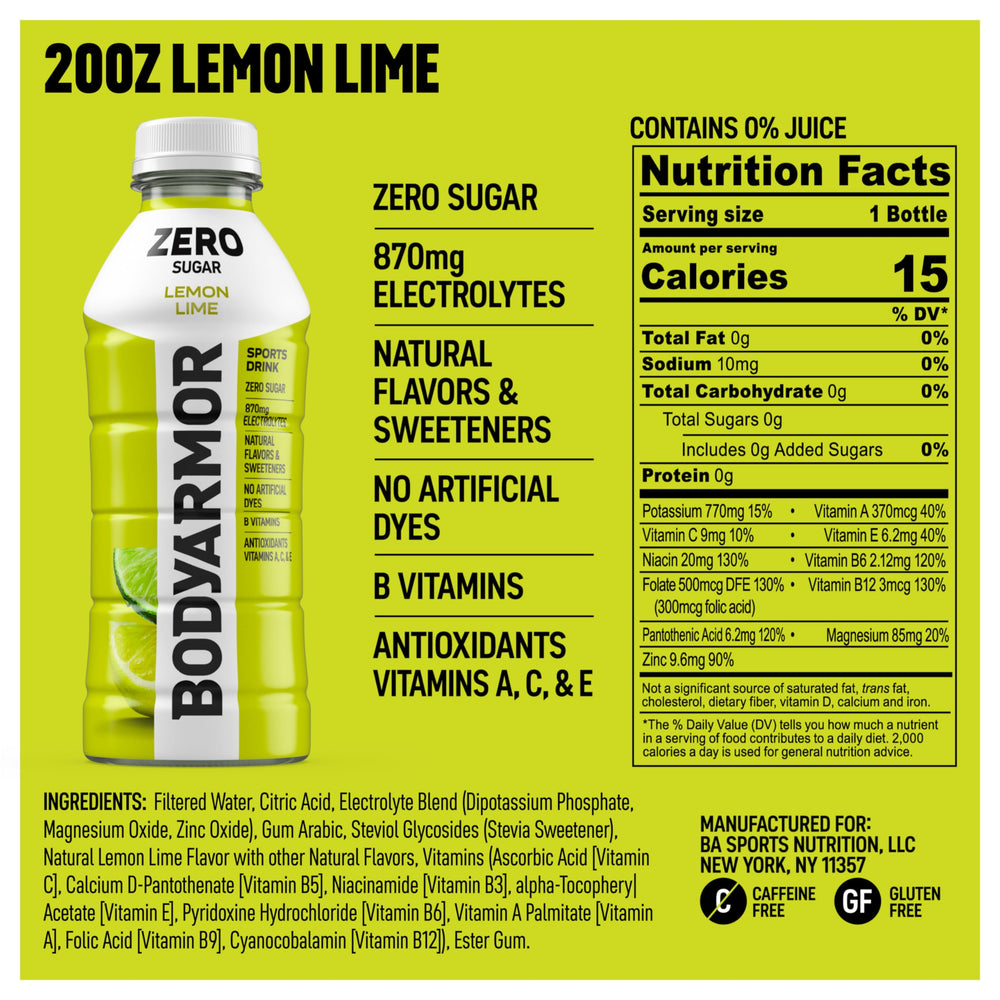 Pour of BodyArmor Zero Sugar Lemon Lime showing crisp lemon-lime flavor.