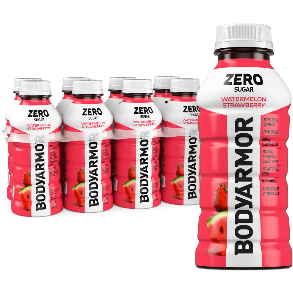 BODYARMOR Zero Sugar bottle front shows watermelon-strawberry flavor and electrolytes.