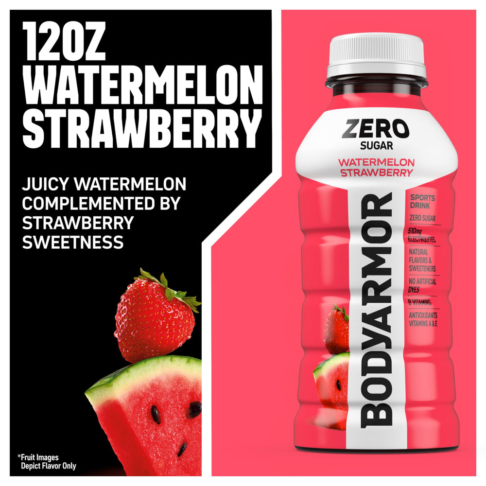 BODYARMOR Zero Sugar nutrition panel highlights electrolytes and antioxidants.