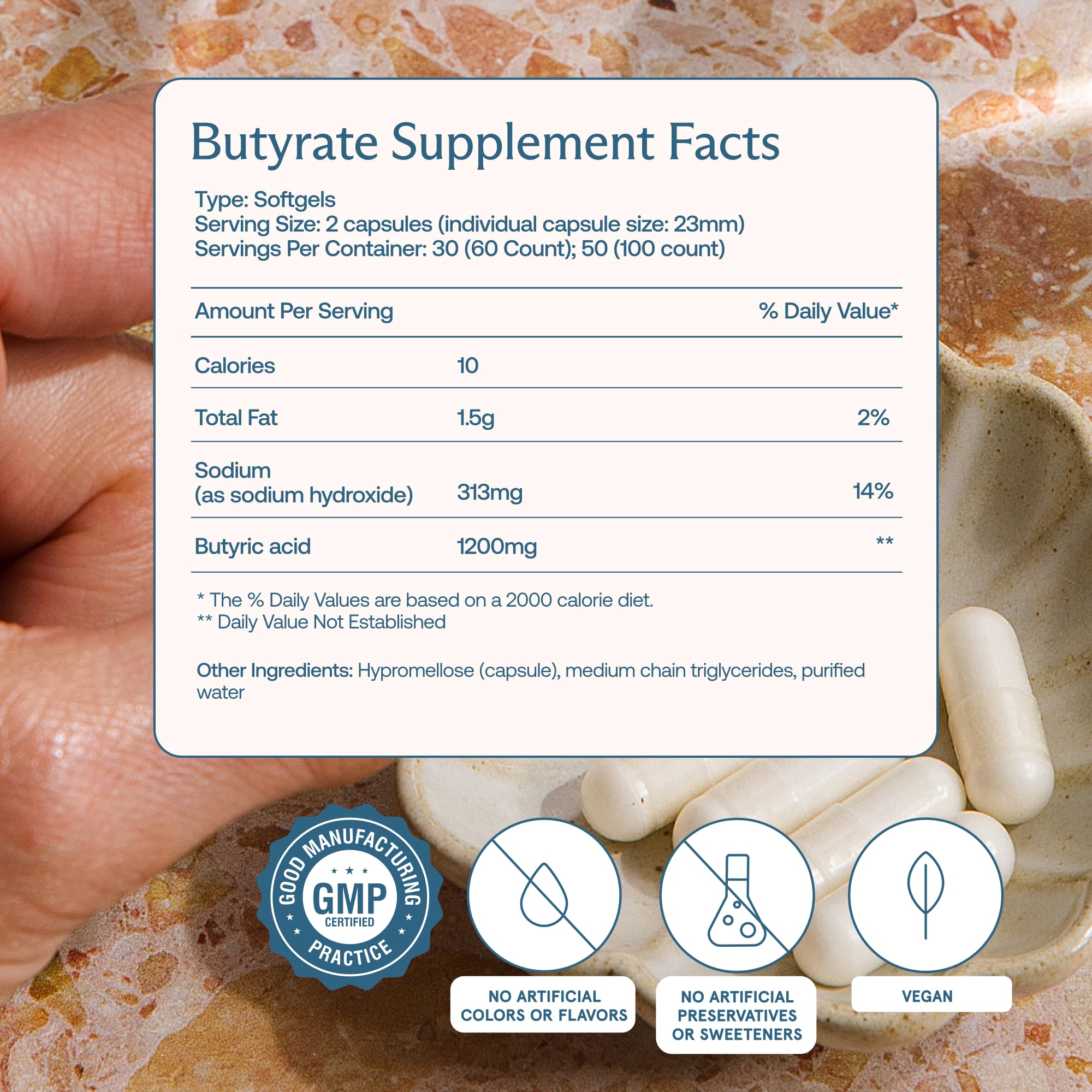 Close-up of BodyBio Butyrate bottle cap and seal