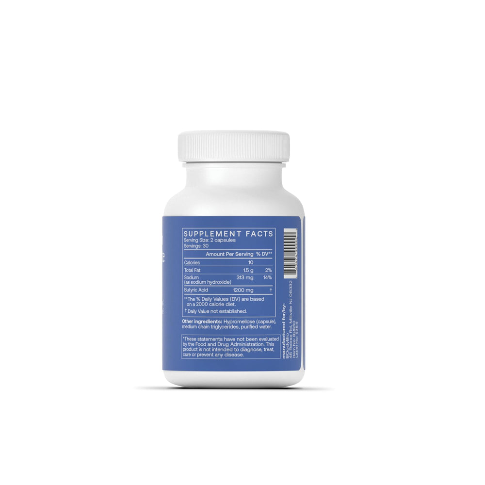 Front view of BodyBio Butyrate bottle for digestive wellness