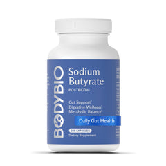 BodyBio Butyrate bottle label close-up highlighting vegan gut support