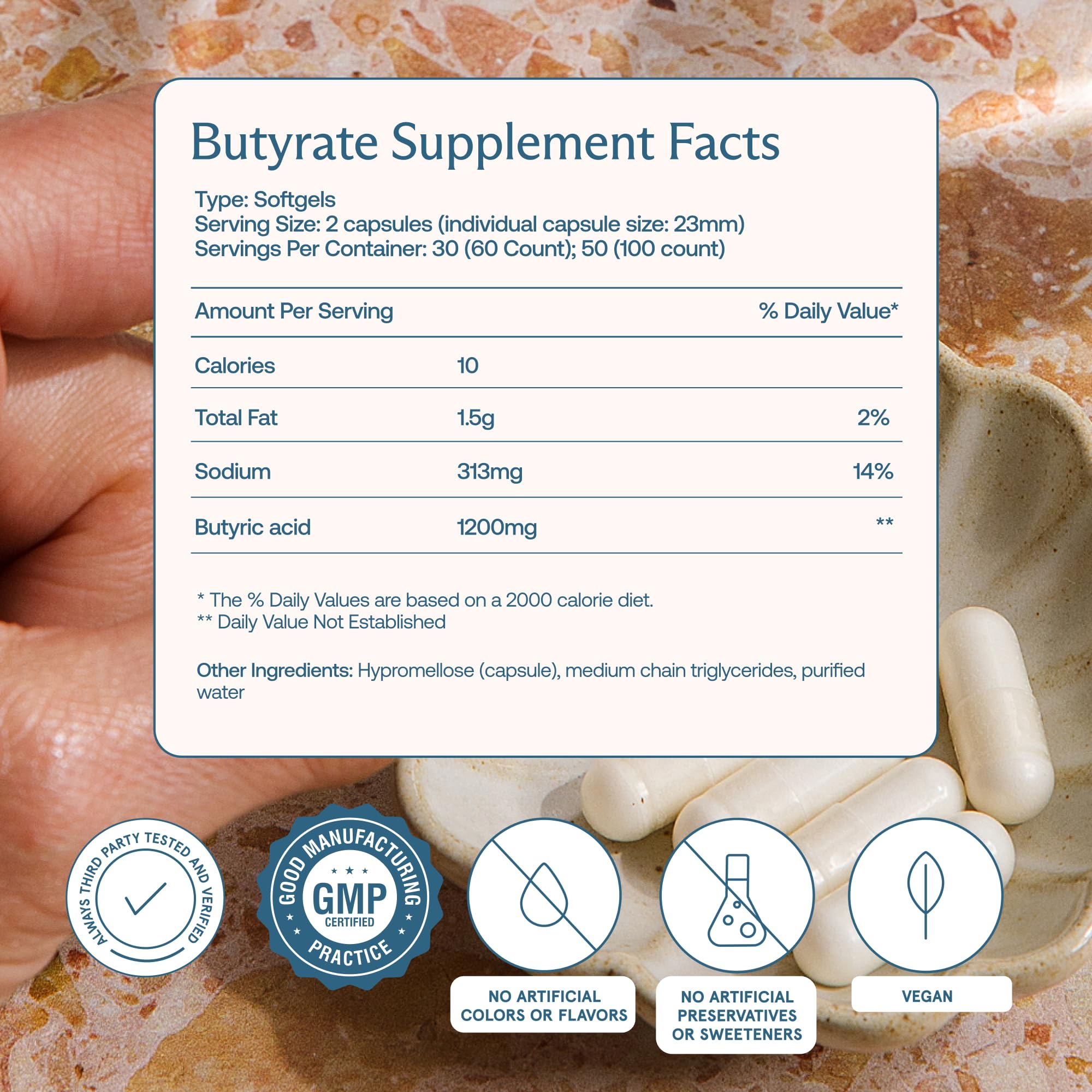 BodyBio Butyrate pour bottle illustrating easy daily intake for GI wellness