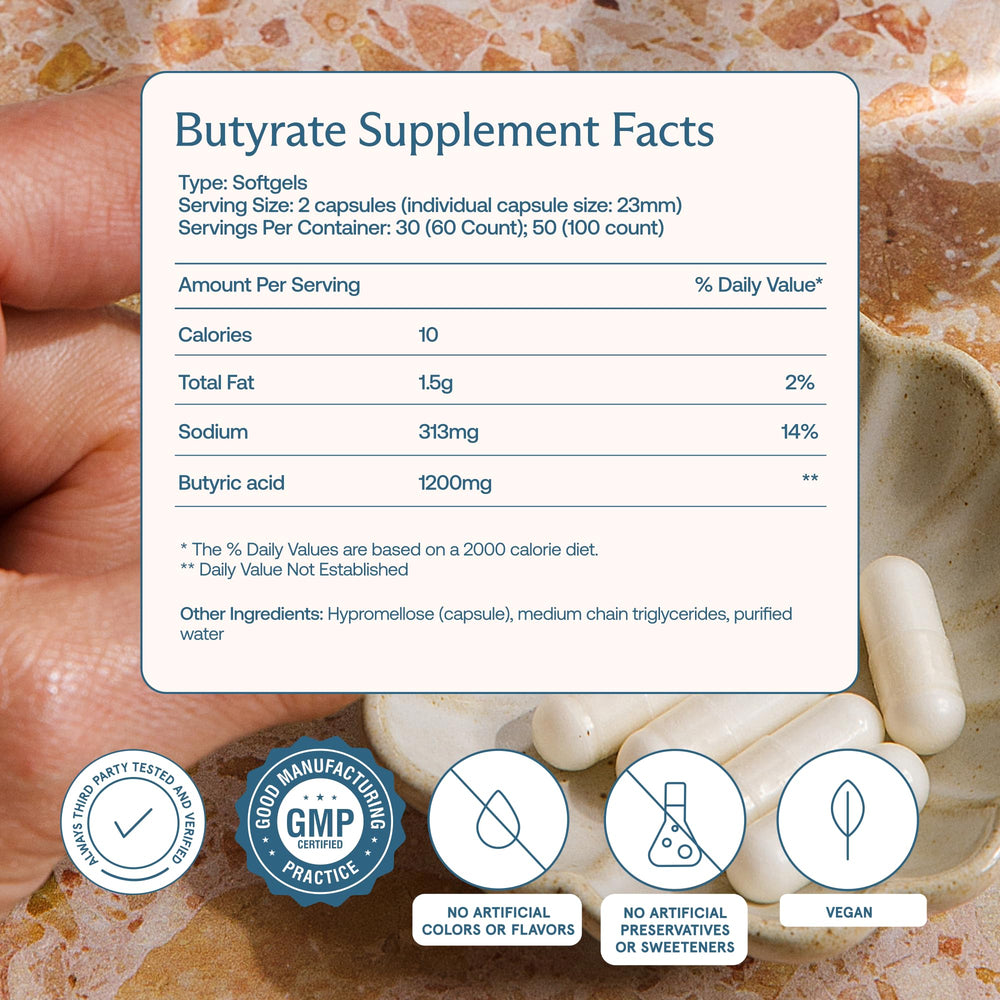 BodyBio Butyrate pour bottle illustrating easy daily intake for GI wellness