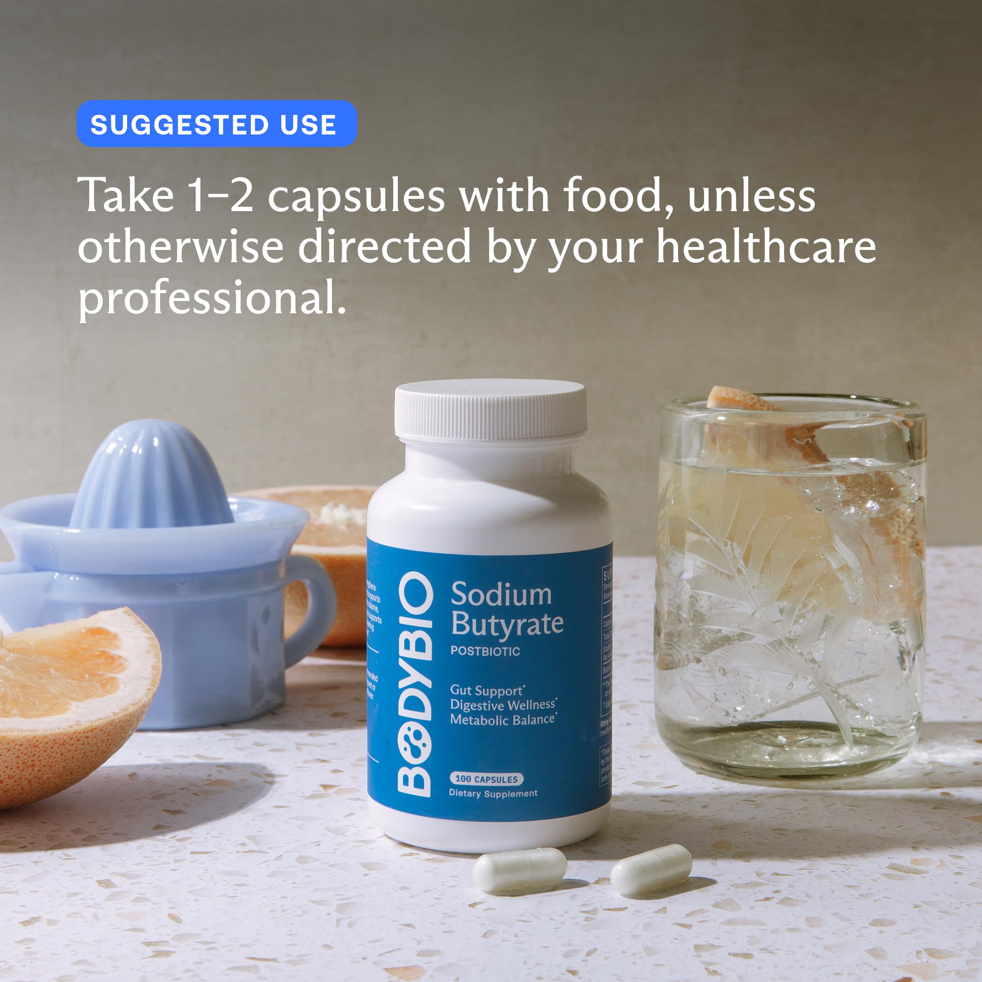 BodyBio Butyrate vegan capsules without fillers in clean packaging
