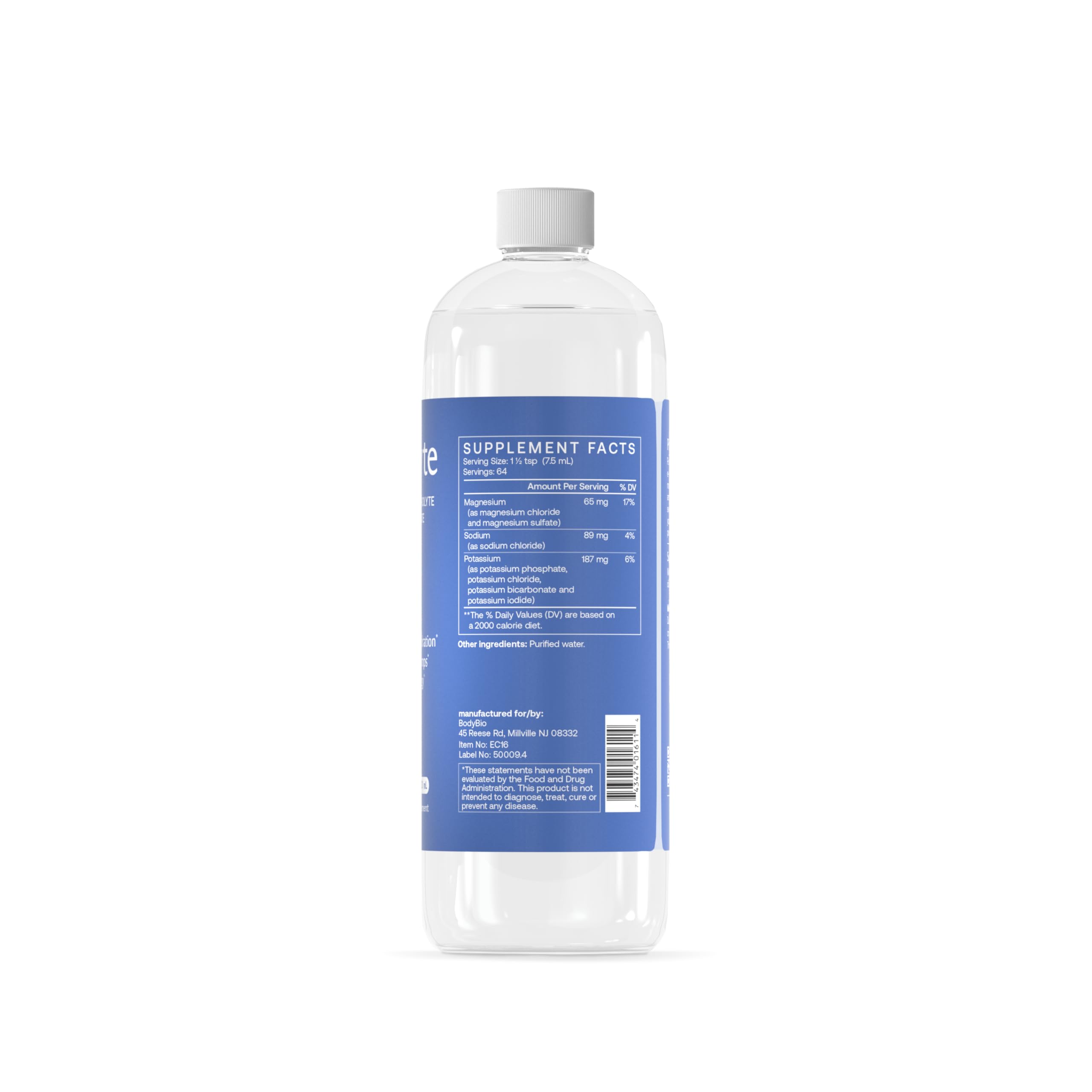 BodyBio e-lyte glass with bright, clear hydration and crisp taste.