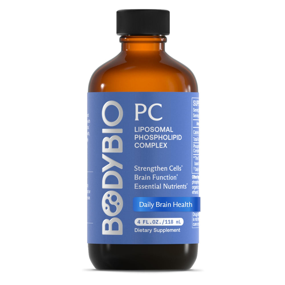 BodyBio PC bottle highlighting brain health support and daily detox potential.