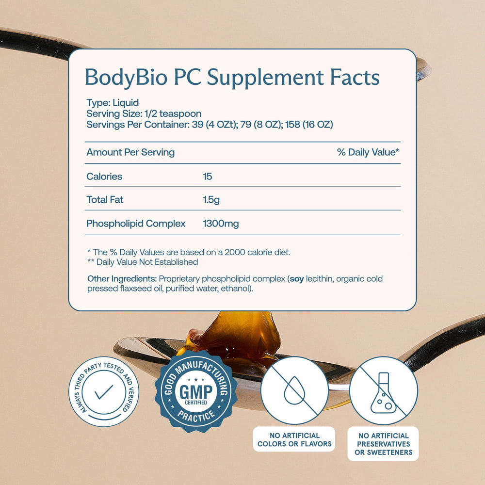 BodyBio PC capsules emphasizing phosphatidylcholine for membranes and detox support.
