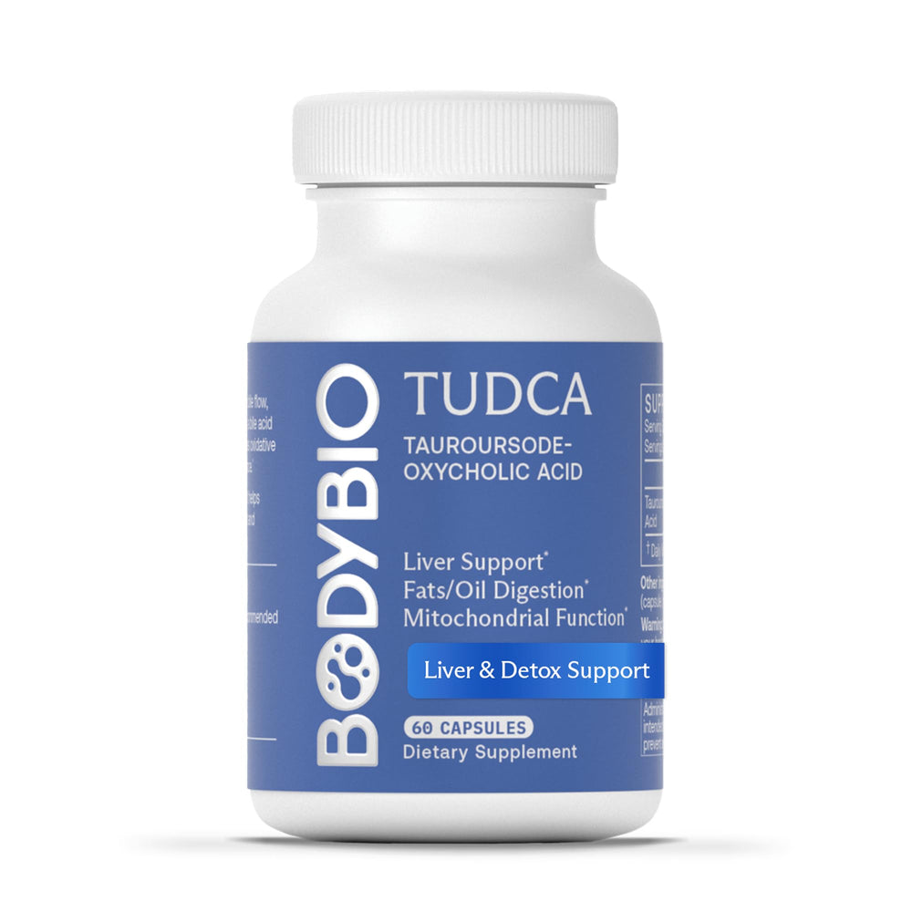 BodyBio TUDCA bottle front highlights potent 250 mg capsules for liver and detox support.