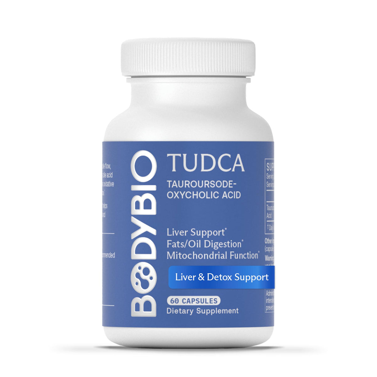 BodyBio TUDCA bottle front highlights potent 250 mg capsules for liver and detox support.