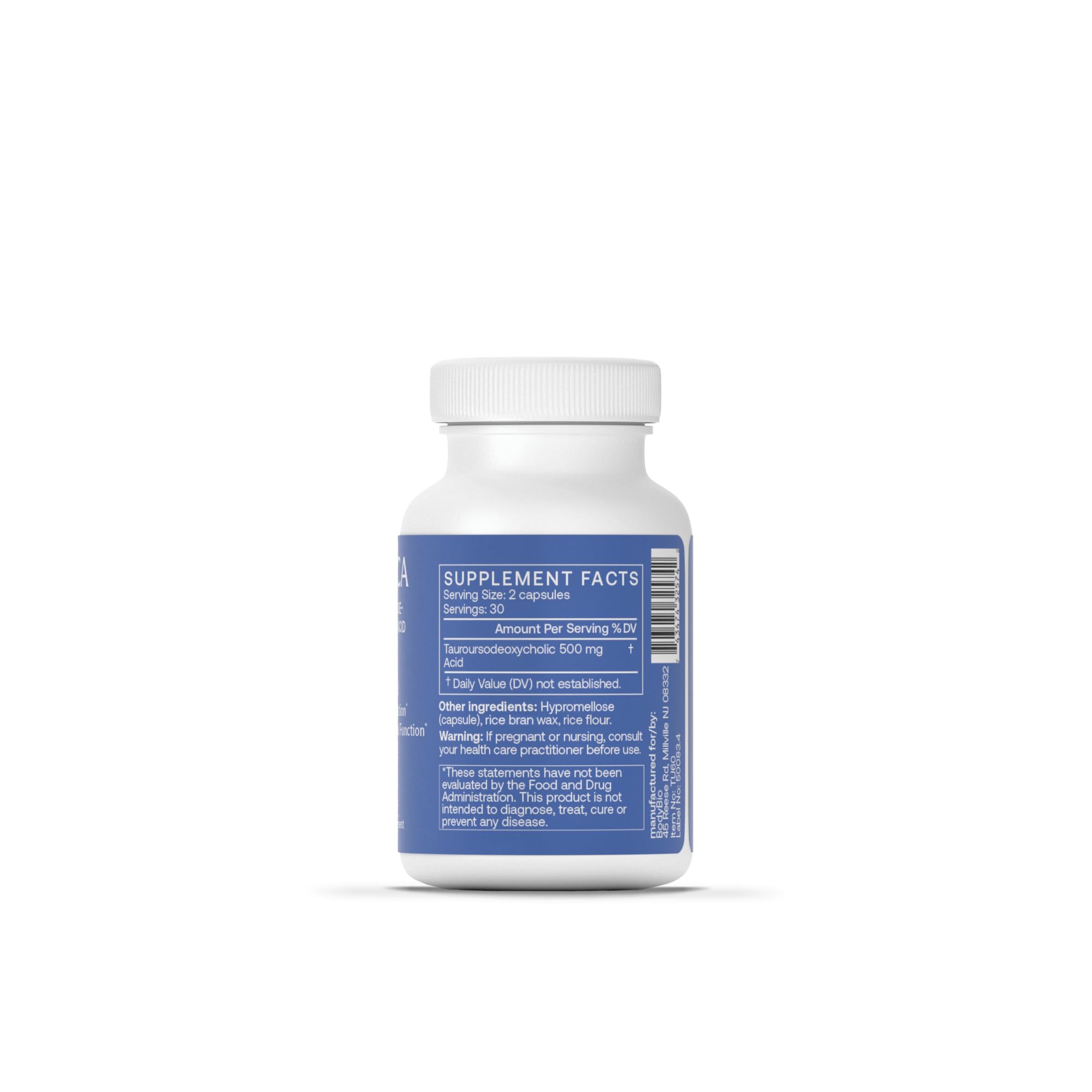 BodyBio TUDCA bottle label shows 250 mg capsules and a clean, filler-free formula.