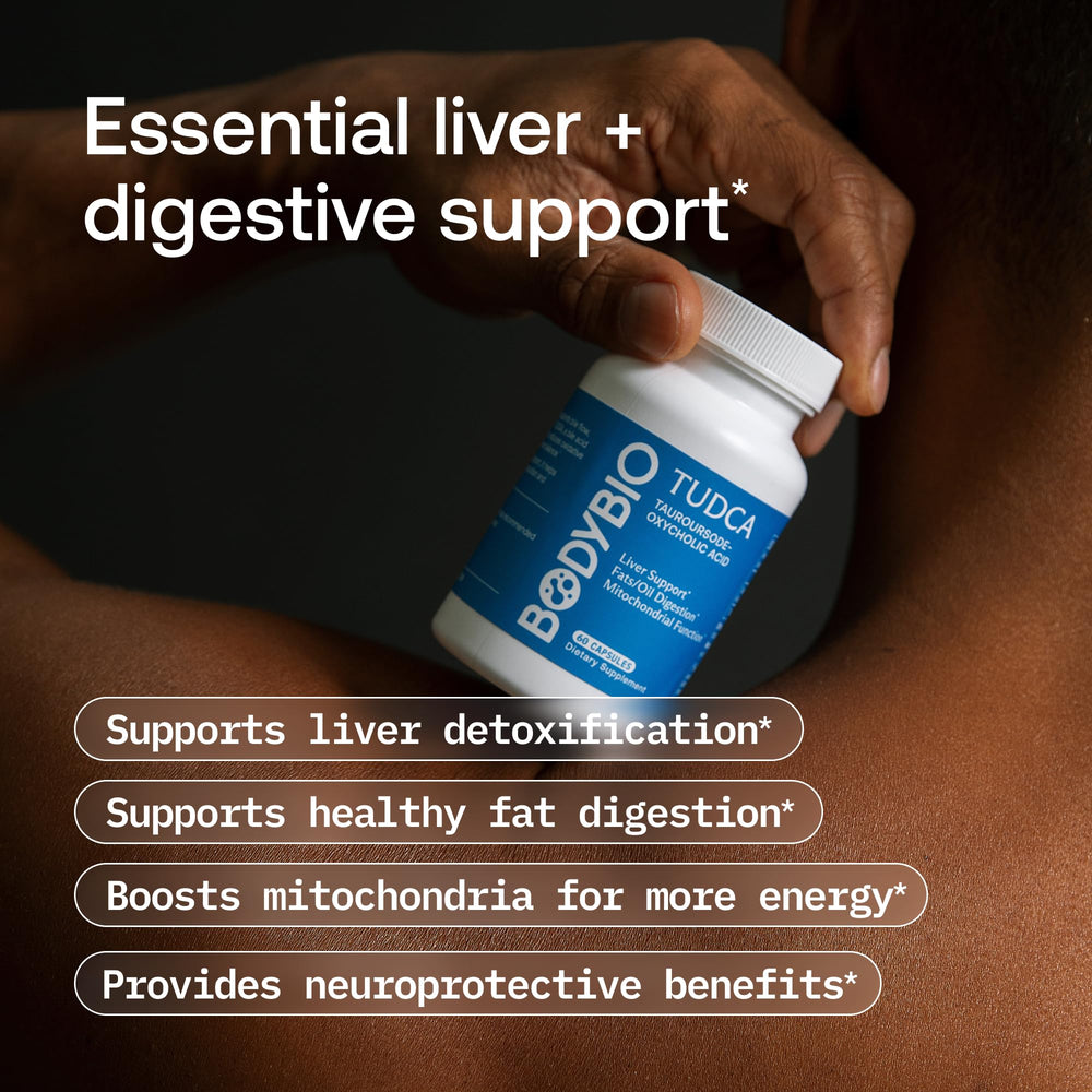 BodyBio TUDCA bottle pour image conveys convenient daily dosing for fat digestion support.