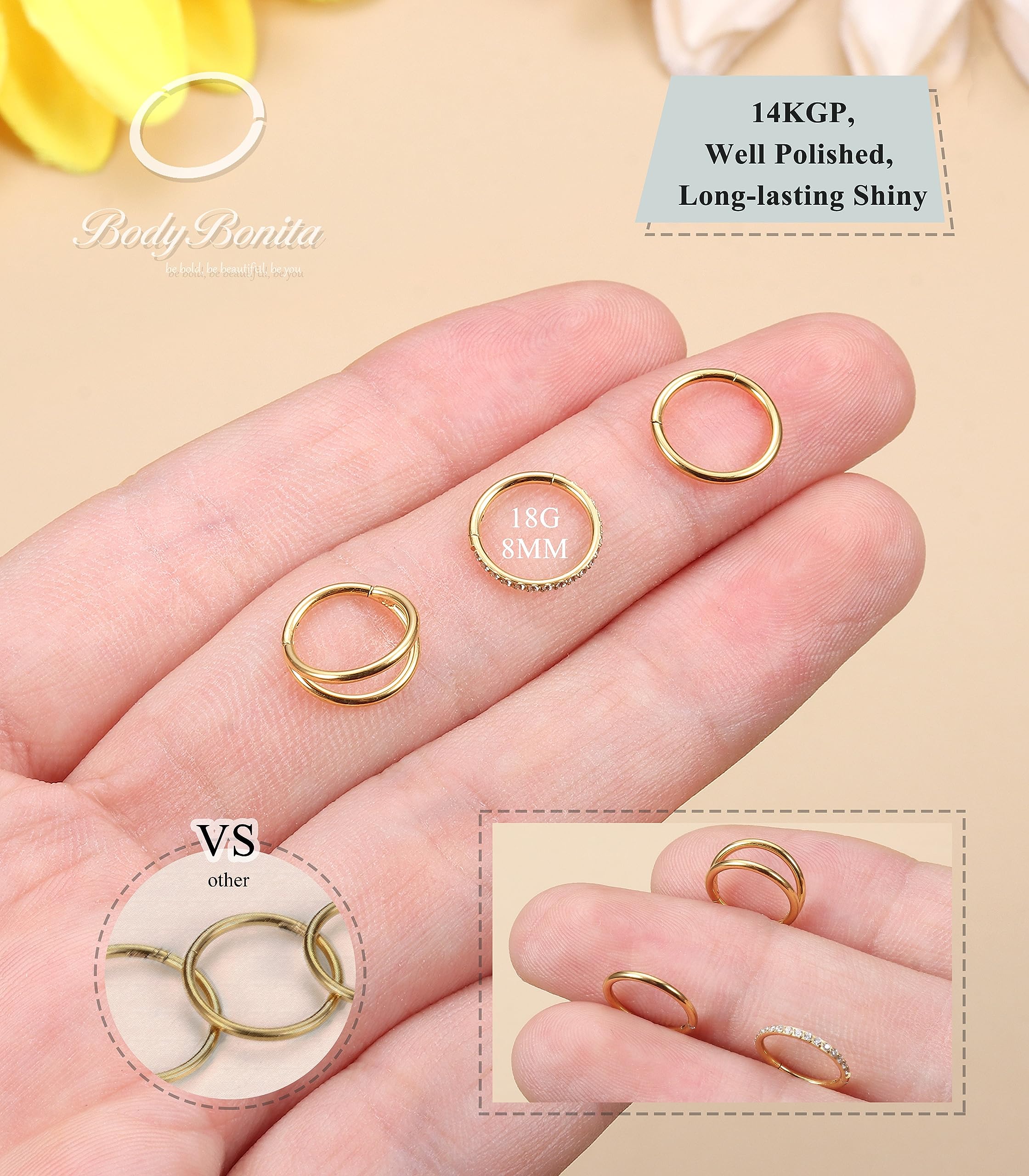 BodyBonita double hoop nose ring adds dimension for a bold look.