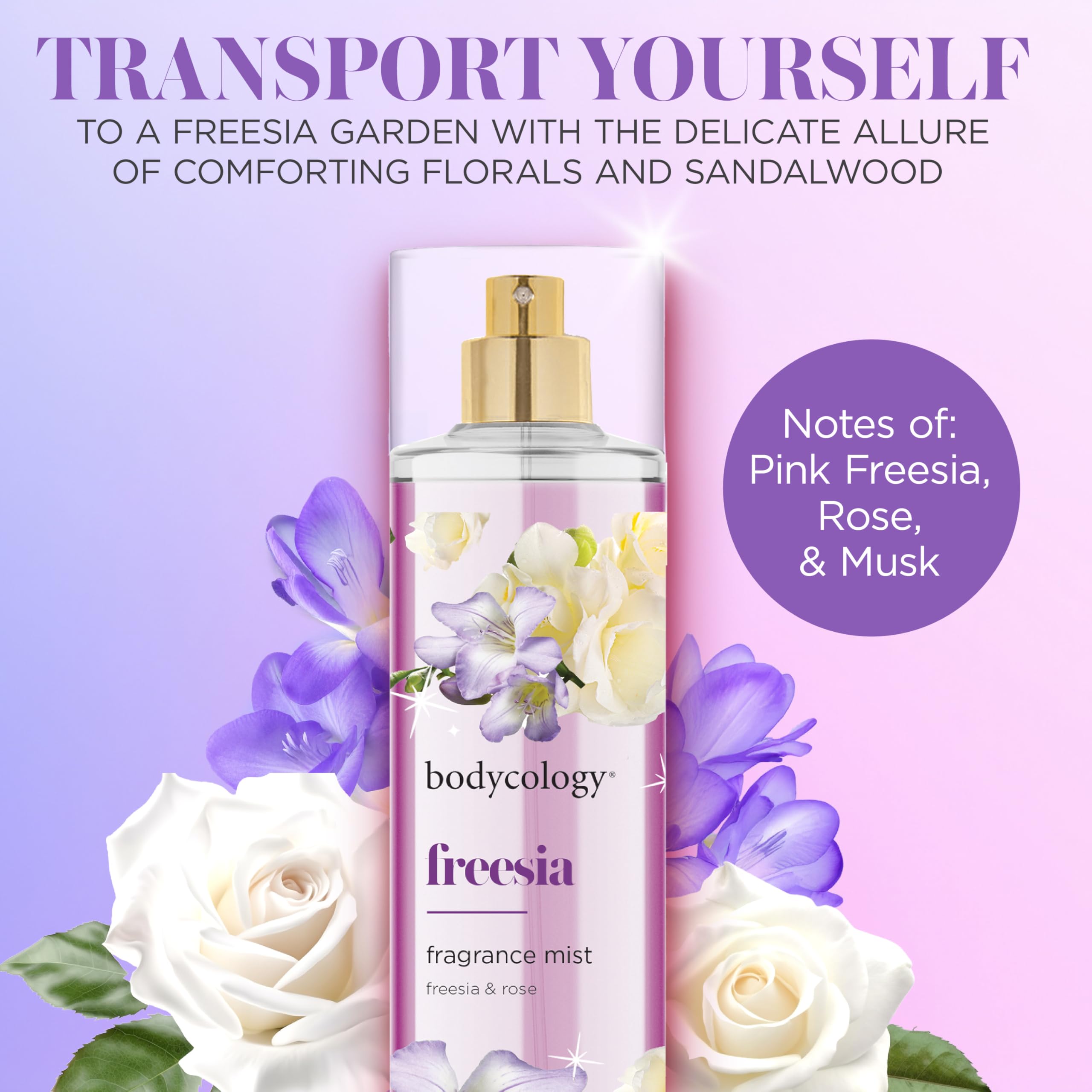 Bodycology Freesia fragrance mist spray for even distribution.