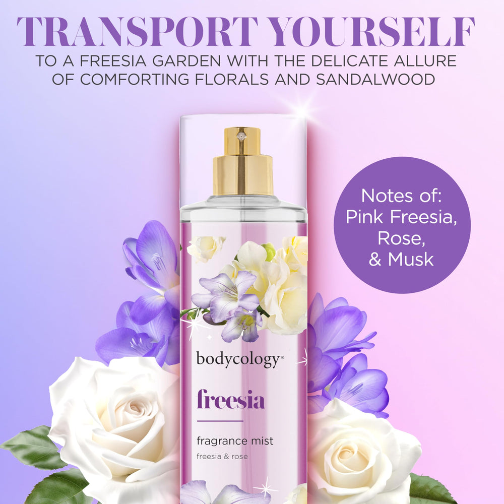 Bodycology Freesia fragrance mist spray for even distribution.