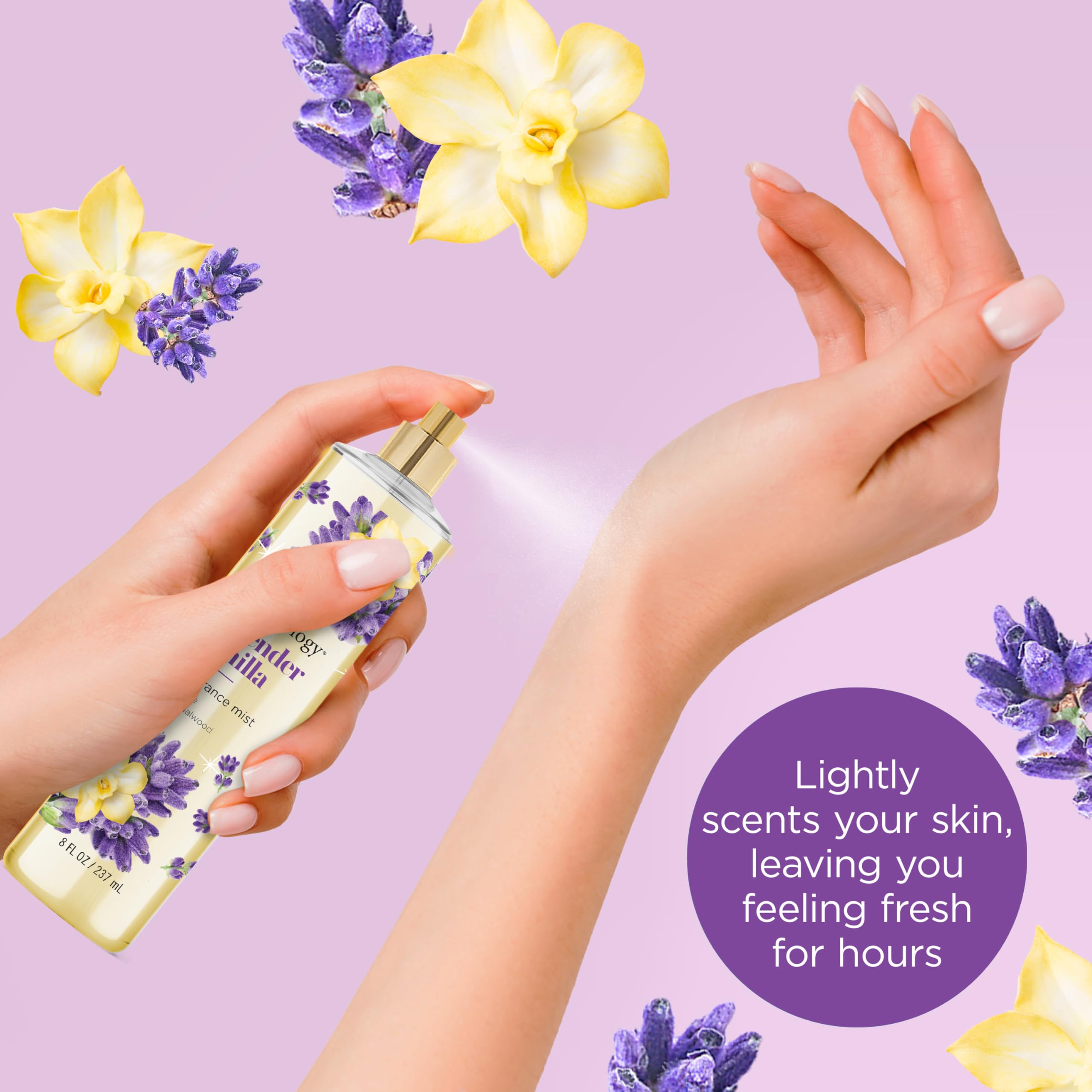Bodycology Lavender Vanilla mist application illustrates versatile use on wrists neck and shoulders