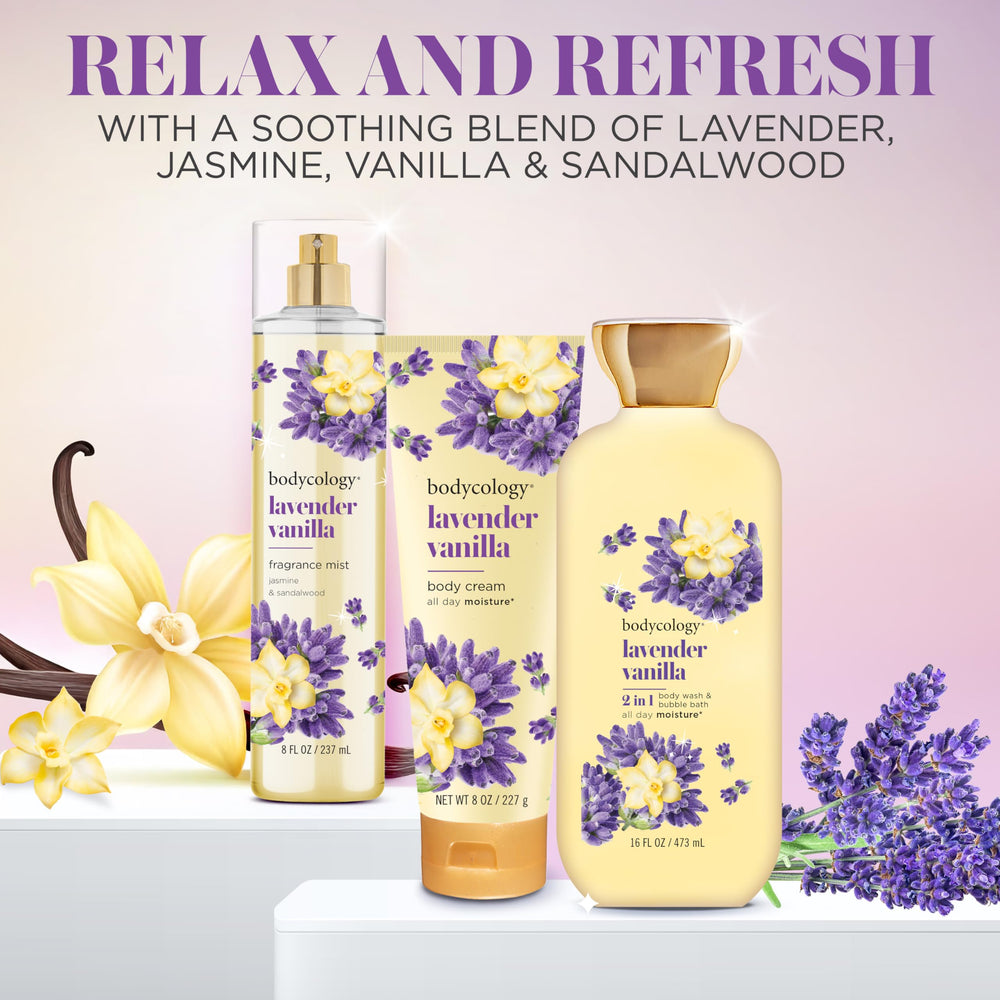 Bodycology Lavender Vanilla mist label design highlights a premium fragrance experience