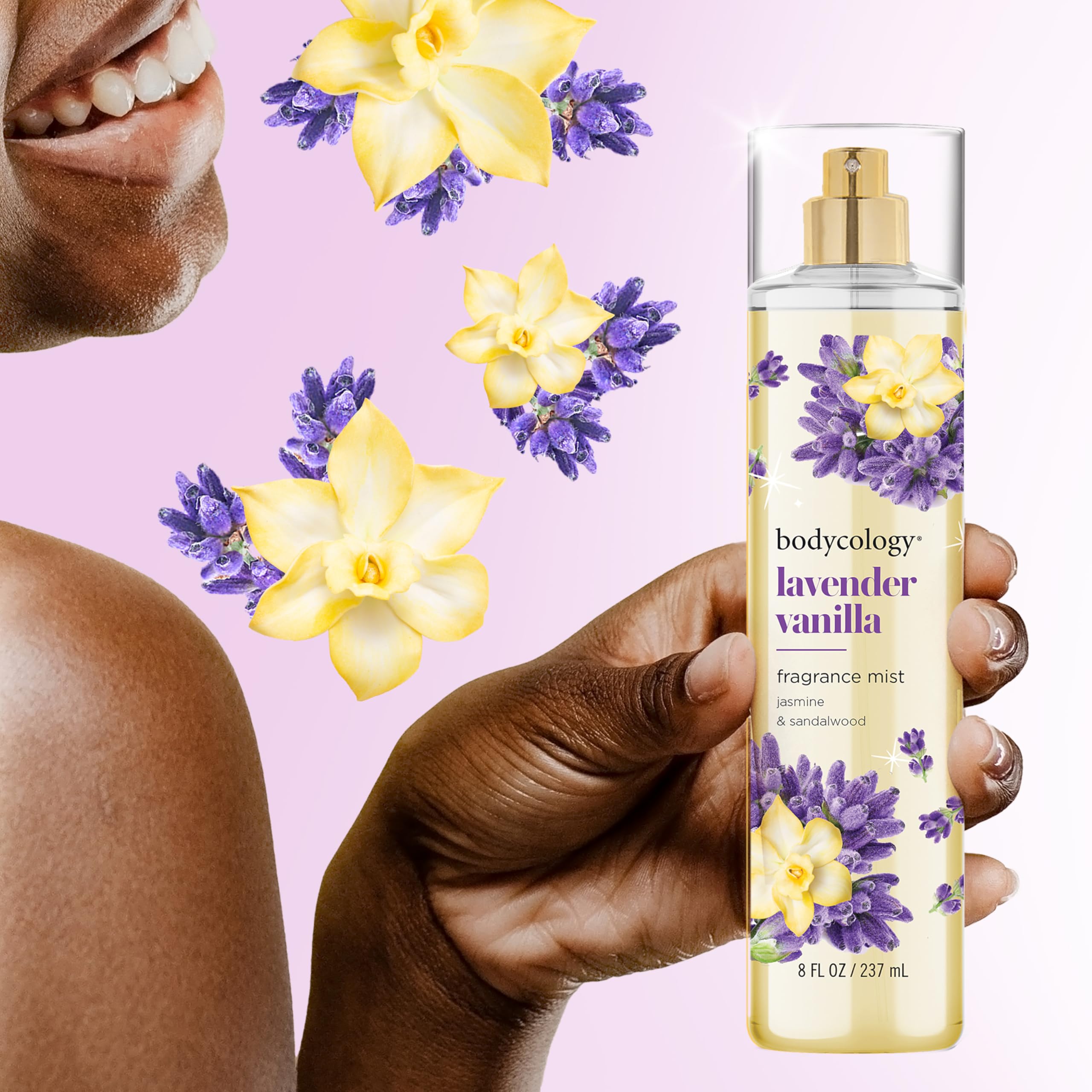 Bodycology Lavender Vanilla mist packaging reflects an airy design for on-the-go freshness
