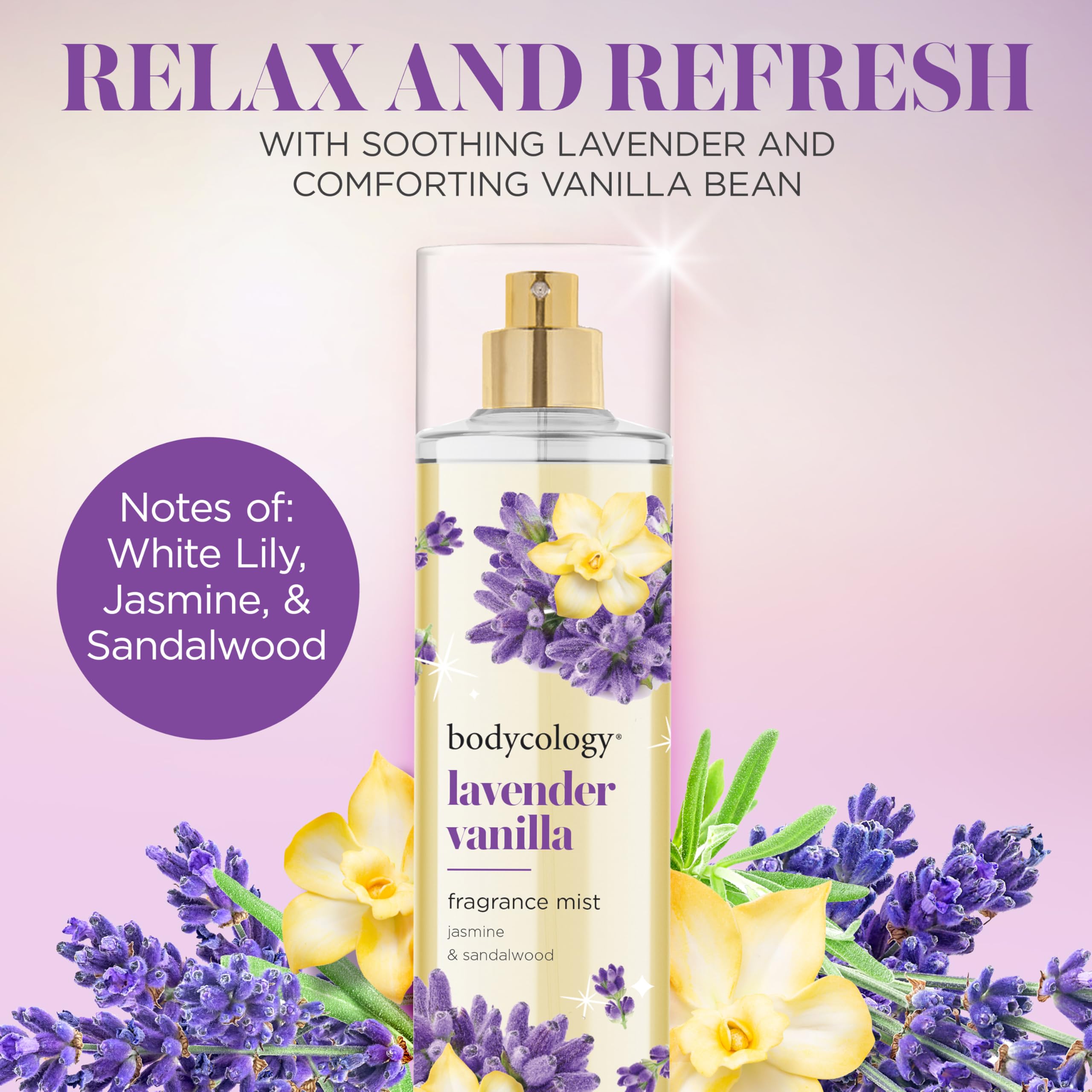 Bodycology Lavender Vanilla mist spray demonstrates even dispersion for a soft lasting aroma