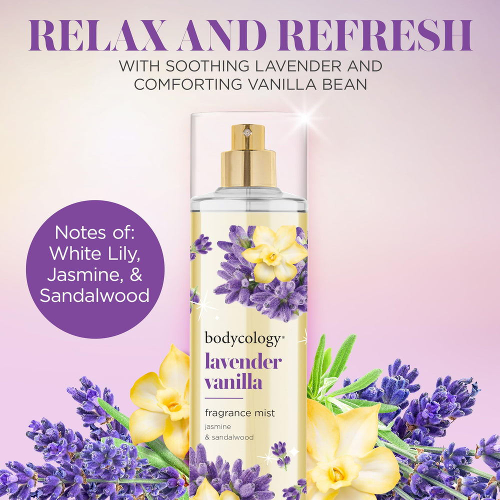 Bodycology Lavender Vanilla mist spray demonstrates even dispersion for a soft lasting aroma