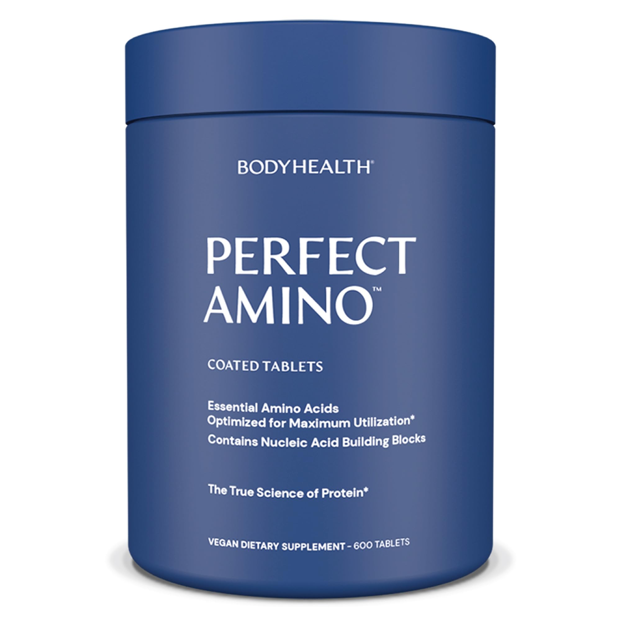 BodyHealth PerfectAmino 600 ct bottle promotes vegan amino acid support for workouts