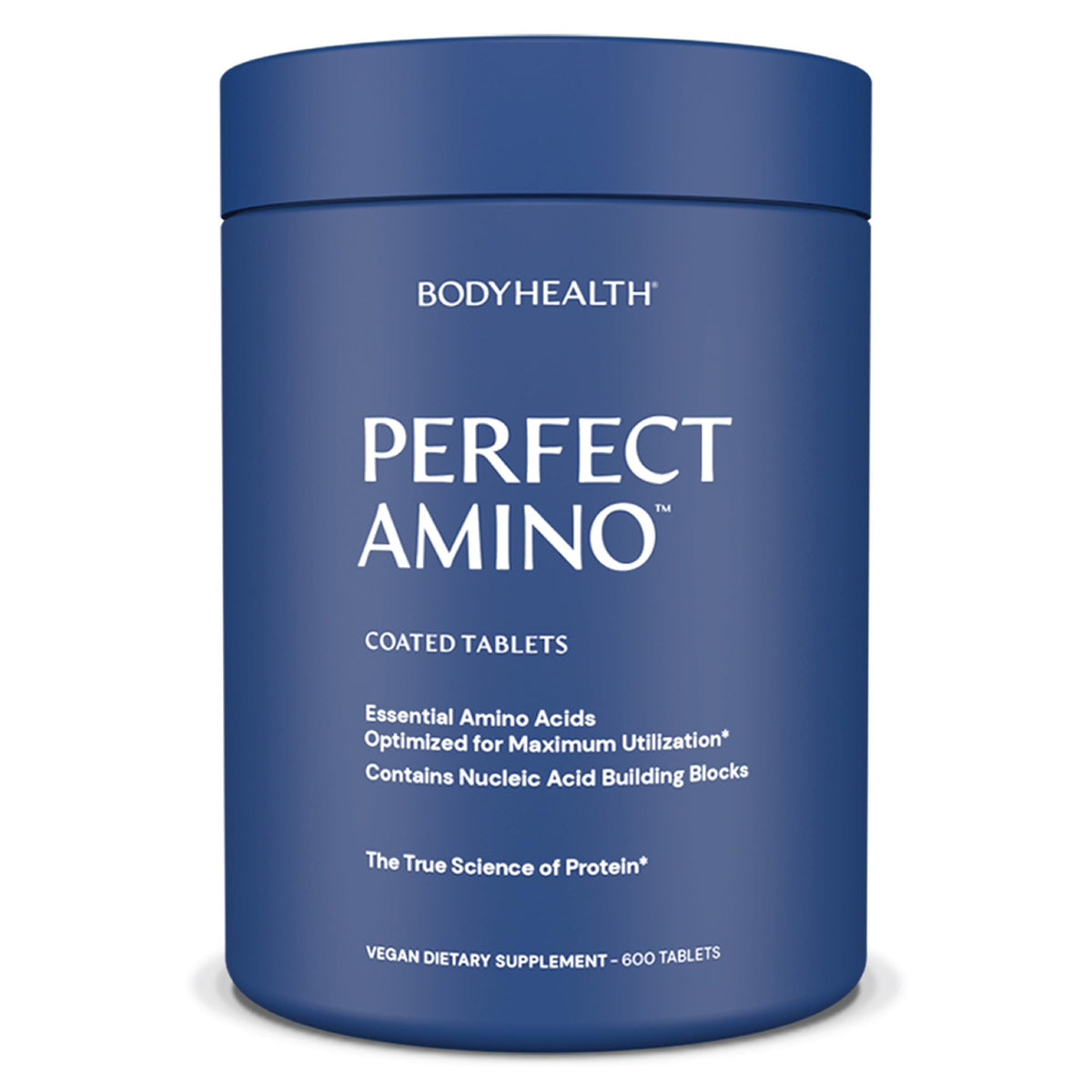 BodyHealth PerfectAmino 600 ct bottle promotes vegan amino acid support for workouts