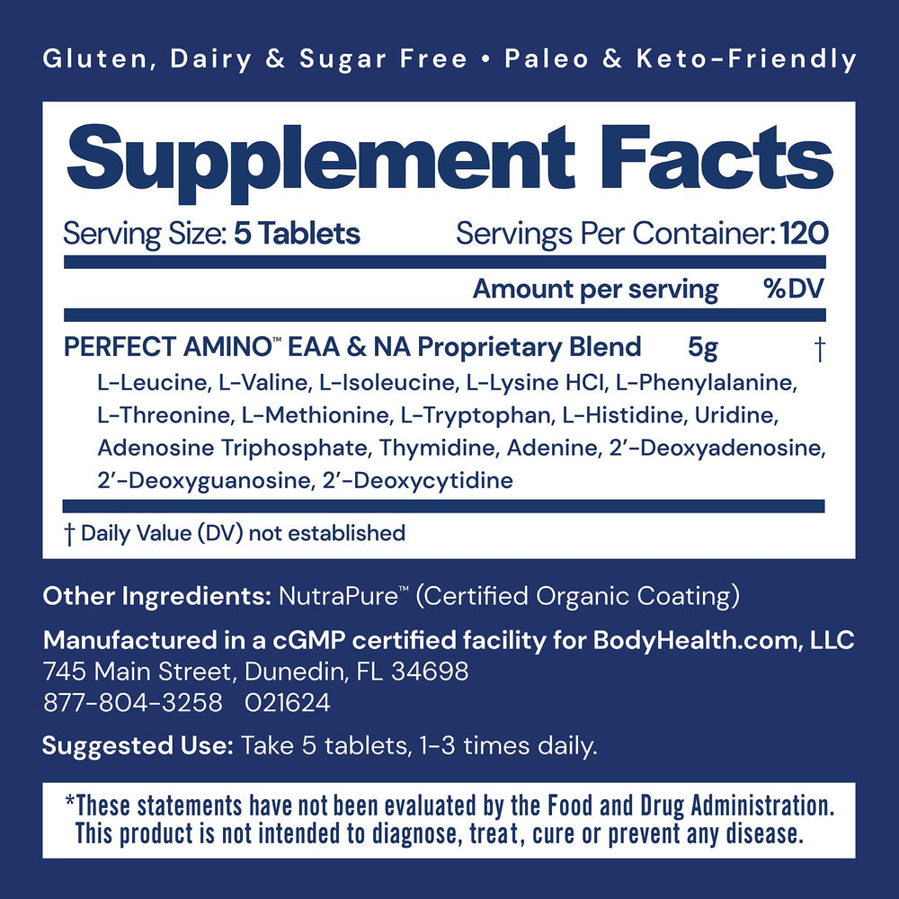 BodyHealth PerfectAmino tablets close-up highlights easy-to-swallow vegan coating