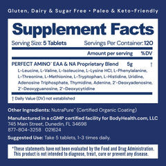 BodyHealth PerfectAmino tablets close-up highlights easy-to-swallow vegan coating