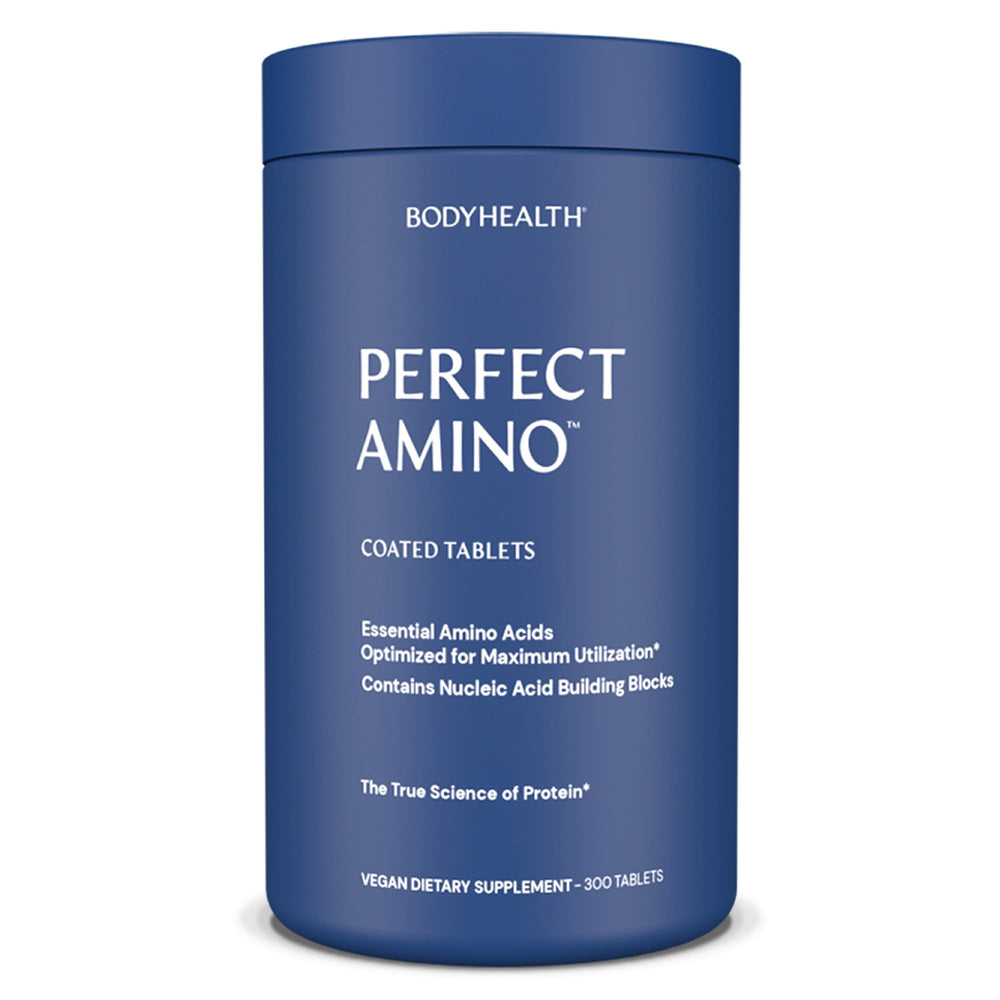 BodyHealth PerfectAmino bottle and packaging for easy, vegan tablets.