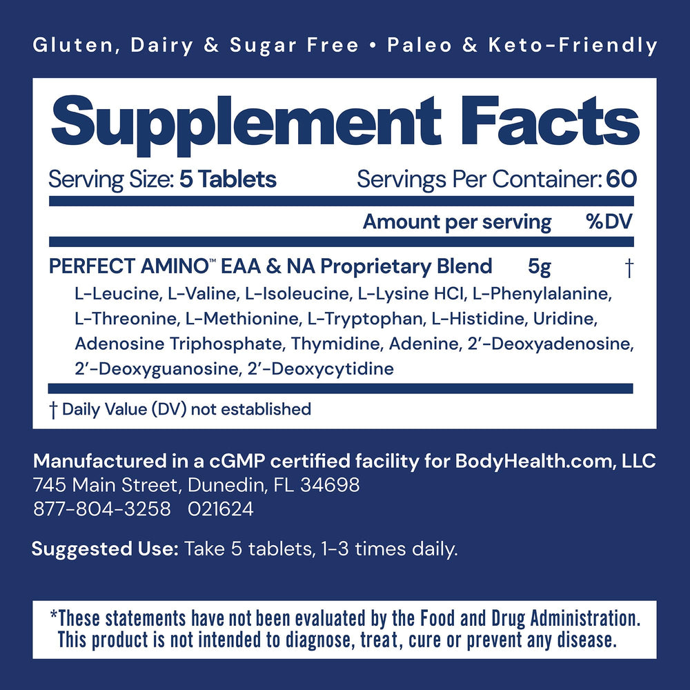 BodyHealth PerfectAmino bottle back with details for clean nutrition and fast uptake.