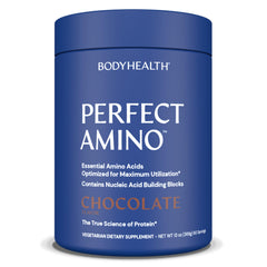 BodyHealth PerfectAmino bottle front label shows vegan amino blend for recovery