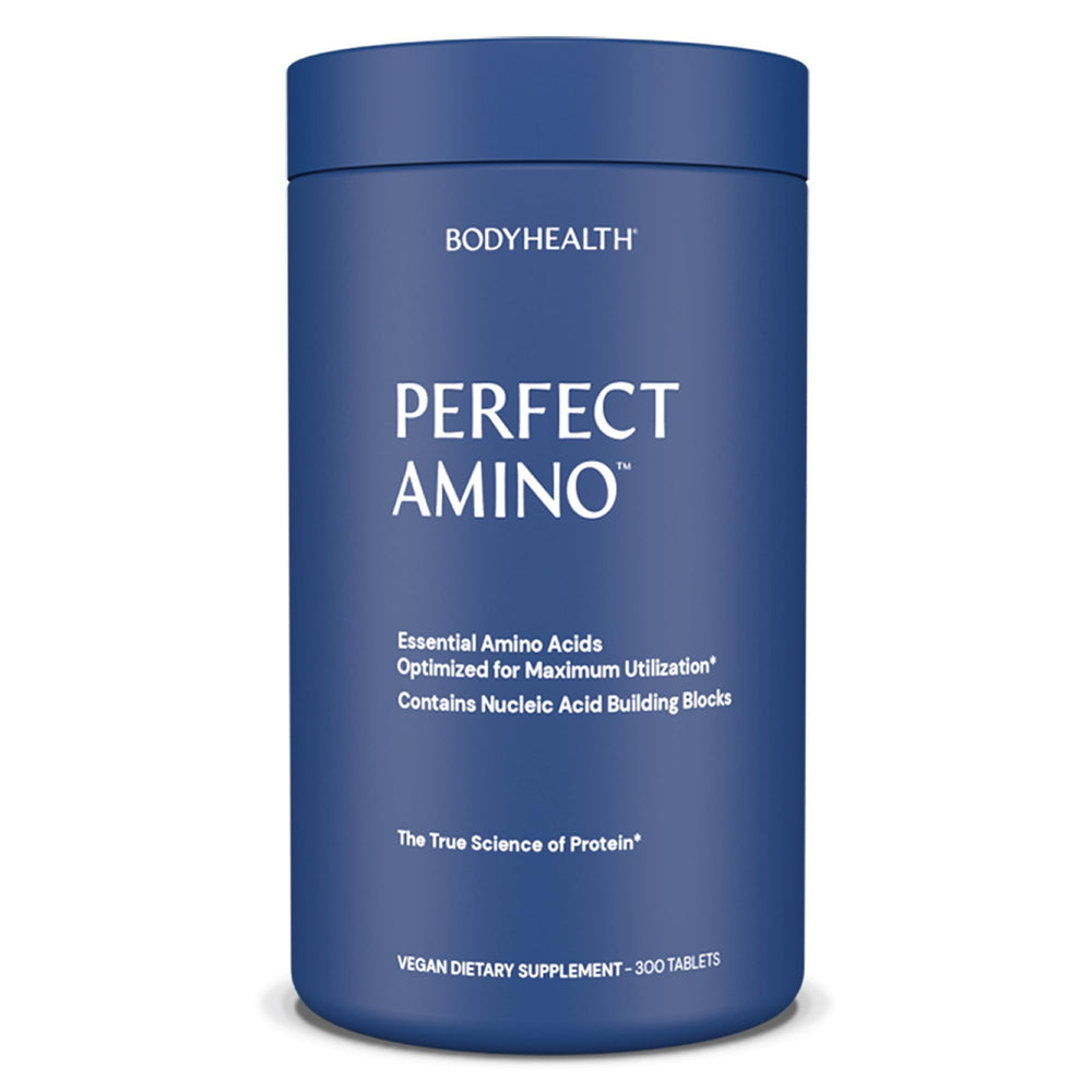 BodyHealth PerfectAmino bottle front view showing the vegan amino acid supplement for recovery and energy.