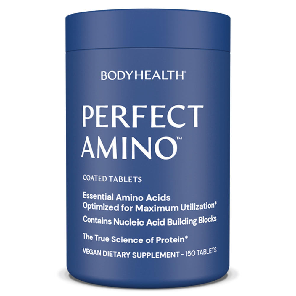 BodyHealth PerfectAmino bottle front shows vegan amino acid supplement for muscle recovery and intake ease.