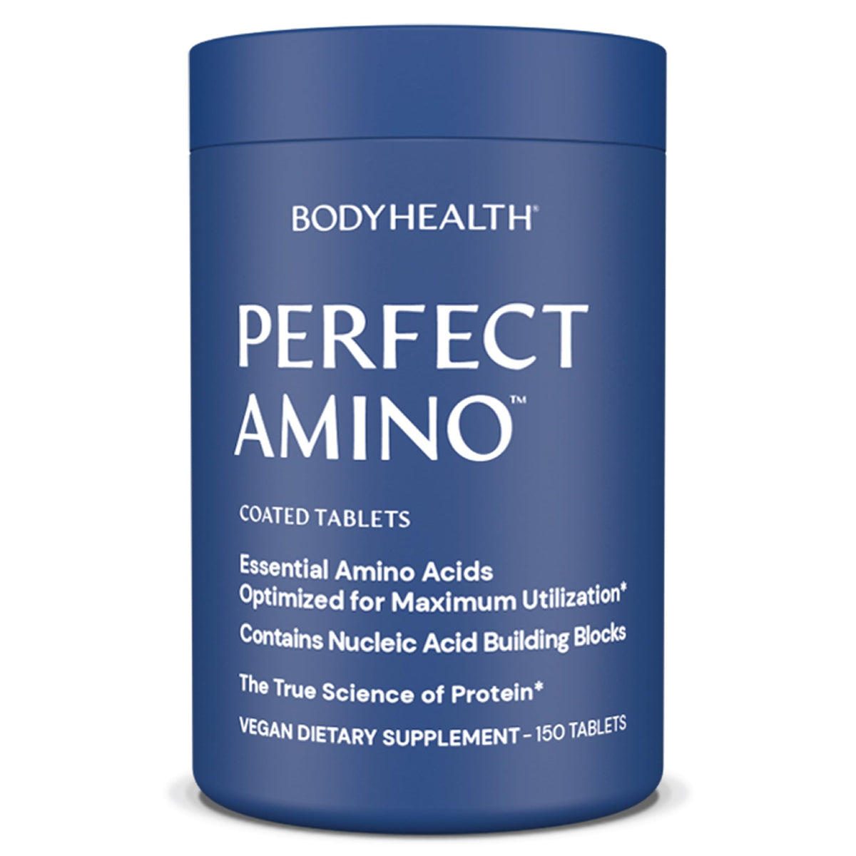 BodyHealth PerfectAmino bottle front shows vegan amino acid supplement for muscle recovery and intake ease.