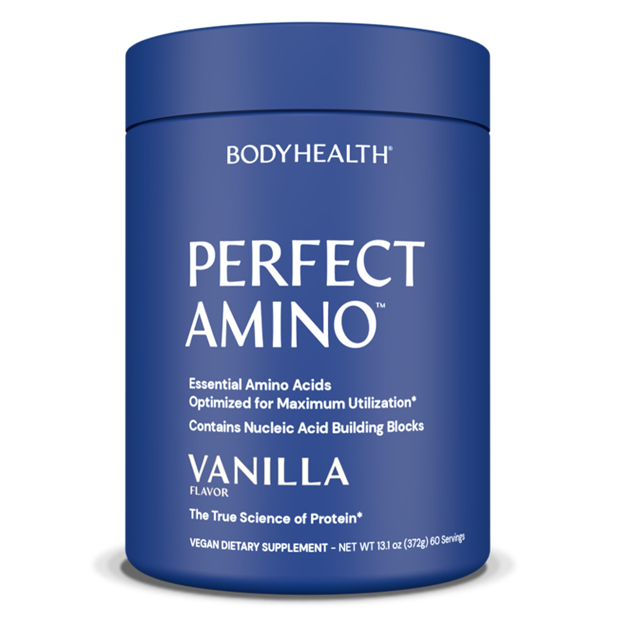 BodyHealth PerfectAmino bottle with vanilla flavor on label, ideal for pre and post workout sessions.
