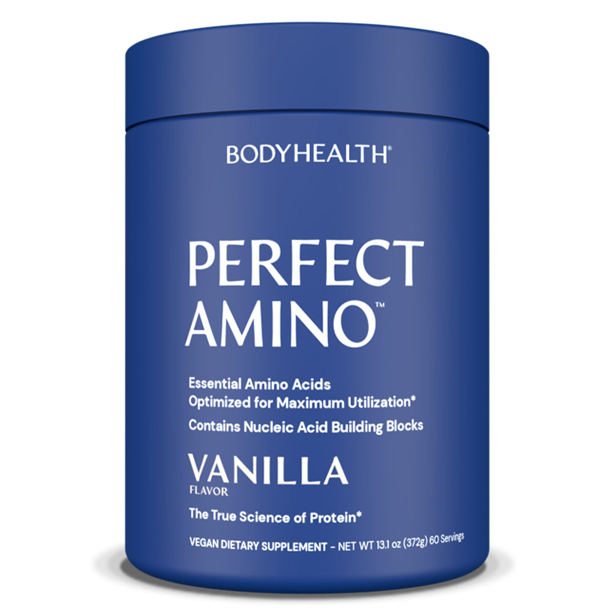 BodyHealth PerfectAmino bottle with vanilla flavor on label, ideal for pre and post workout sessions.