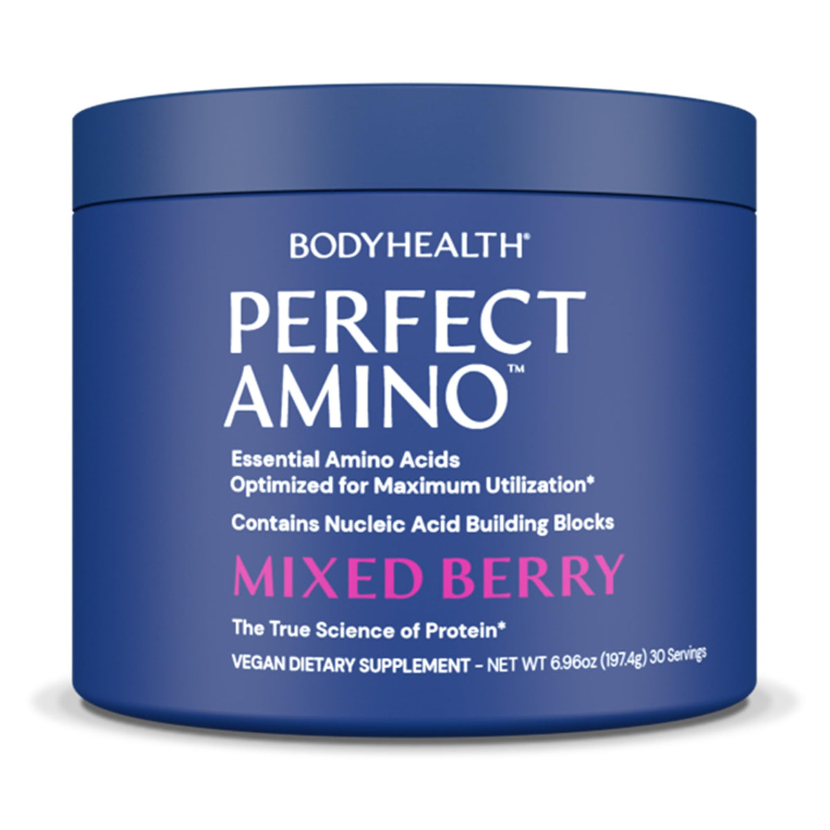BodyHealth PerfectAmino bottle on a counter for pre- and post-workout support.
