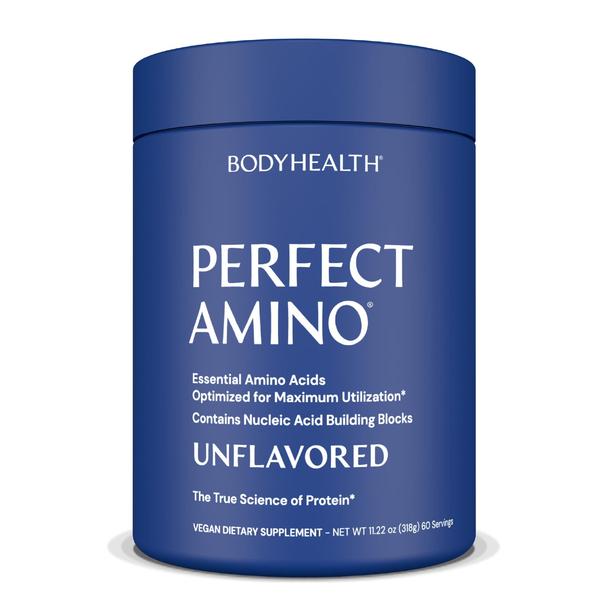 BodyHealth PerfectAmino bottle highlighting vegan essential amino acids for recovery
