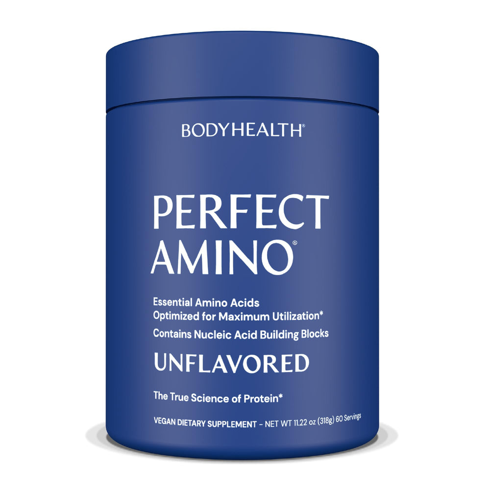 BodyHealth PerfectAmino bottle highlighting vegan essential amino acids for recovery
