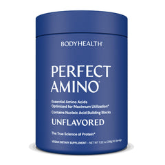 BodyHealth PerfectAmino bottle highlighting vegan essential amino acids for recovery