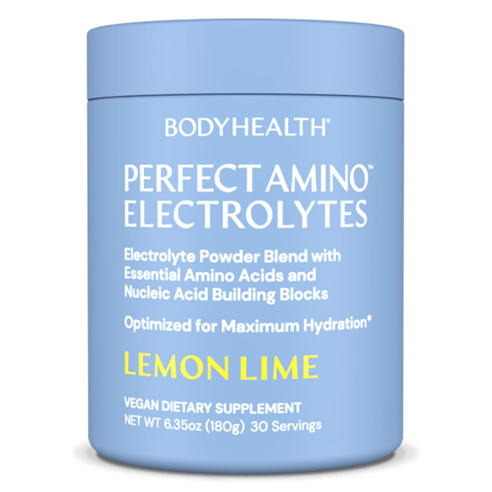 BodyHealth PerfectAmino electrolyte front view with lemon lime flavor supports steady hydration.