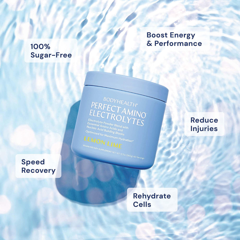 BodyHealth PerfectAmino electrolyte lemon lime pour demonstrates quick mix for workouts.