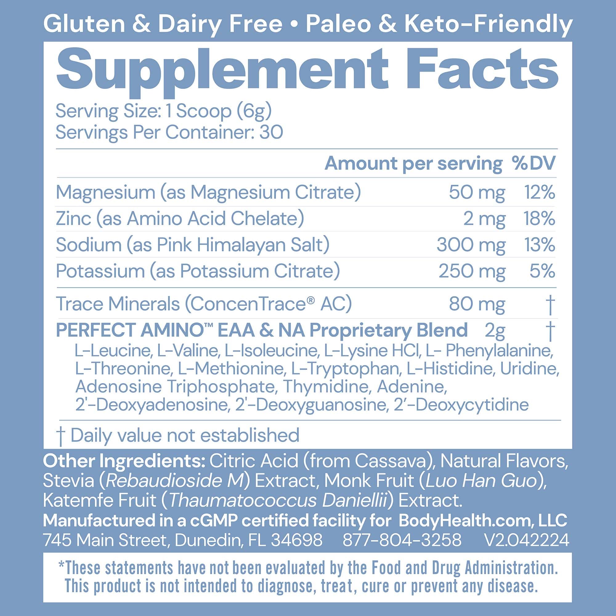 BodyHealth PerfectAmino electrolyte tub closeup displays label and minerals for daily hydration.