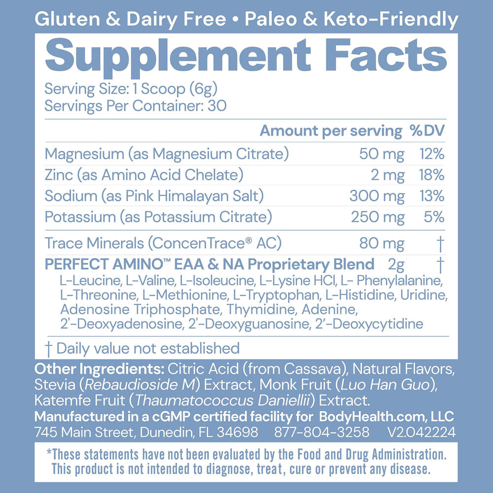 BodyHealth PerfectAmino electrolyte tub closeup displays label and minerals for daily hydration.
