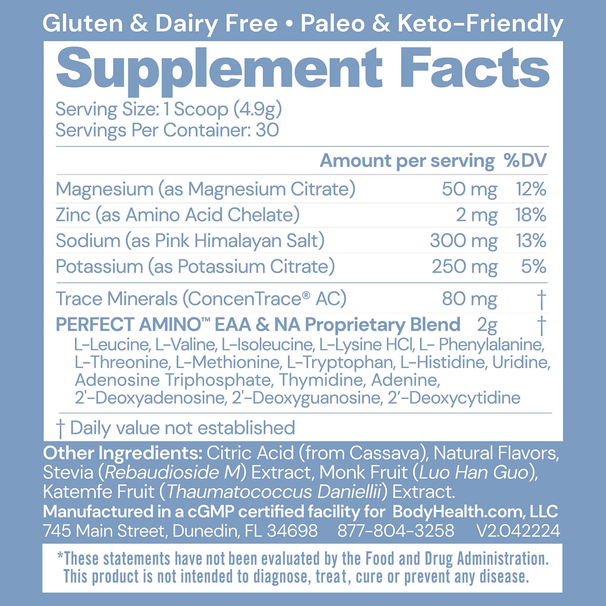 Pouring BodyHealth PerfectAmino Electrolytes into a glass for quick hydration