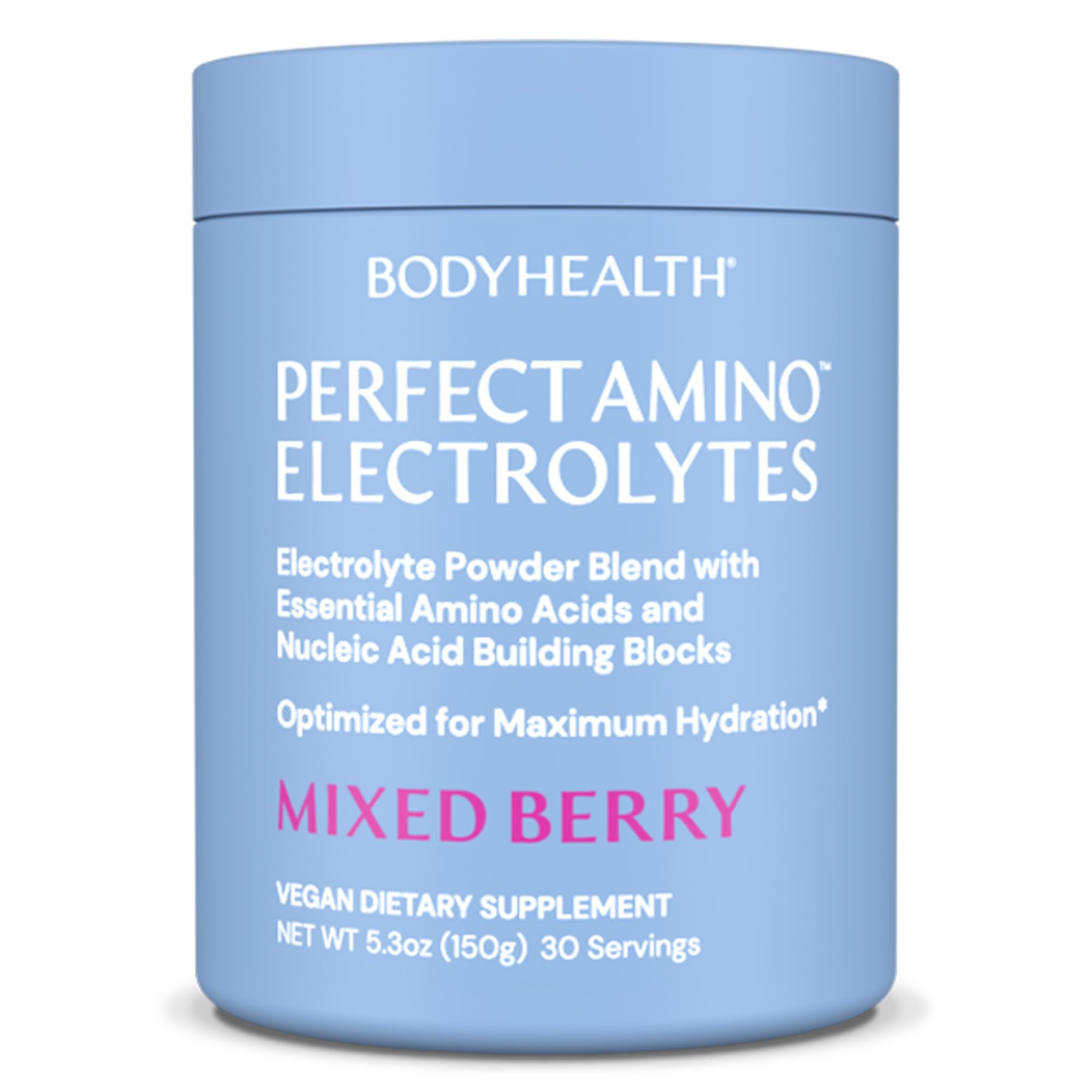 BodyHealth PerfectAmino Electrolytes powder mixed berry being poured for hydration