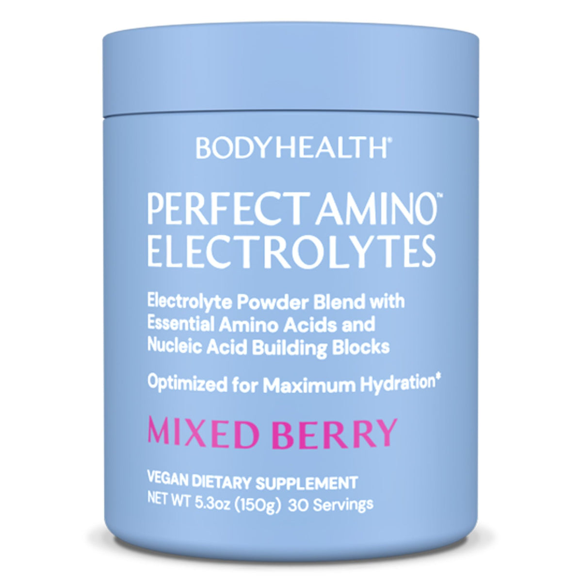 BodyHealth PerfectAmino Electrolytes powder mixed berry being poured for hydration