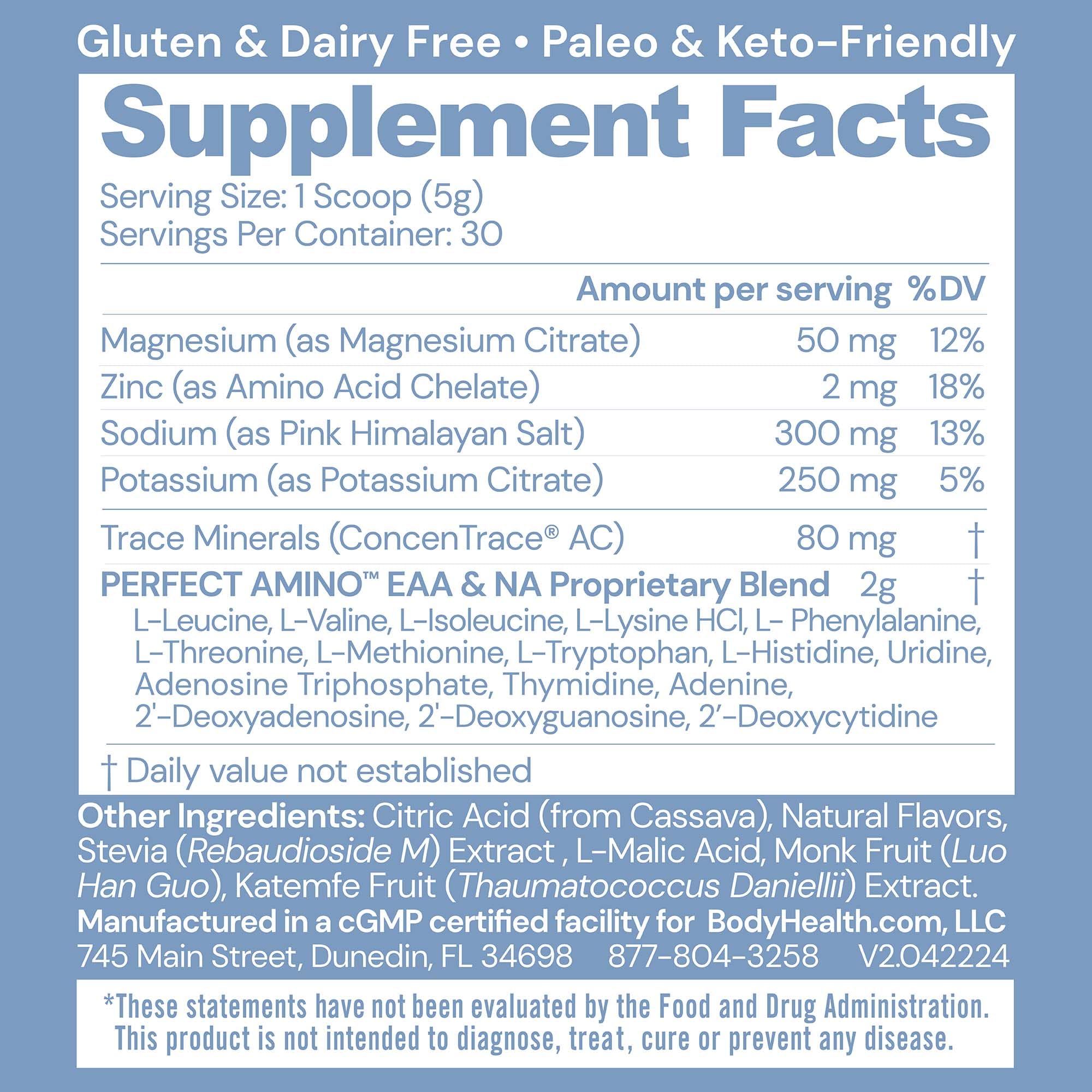 BodyHealth PerfectAmino Electrolytes powder mixed berry in a shaker after workout