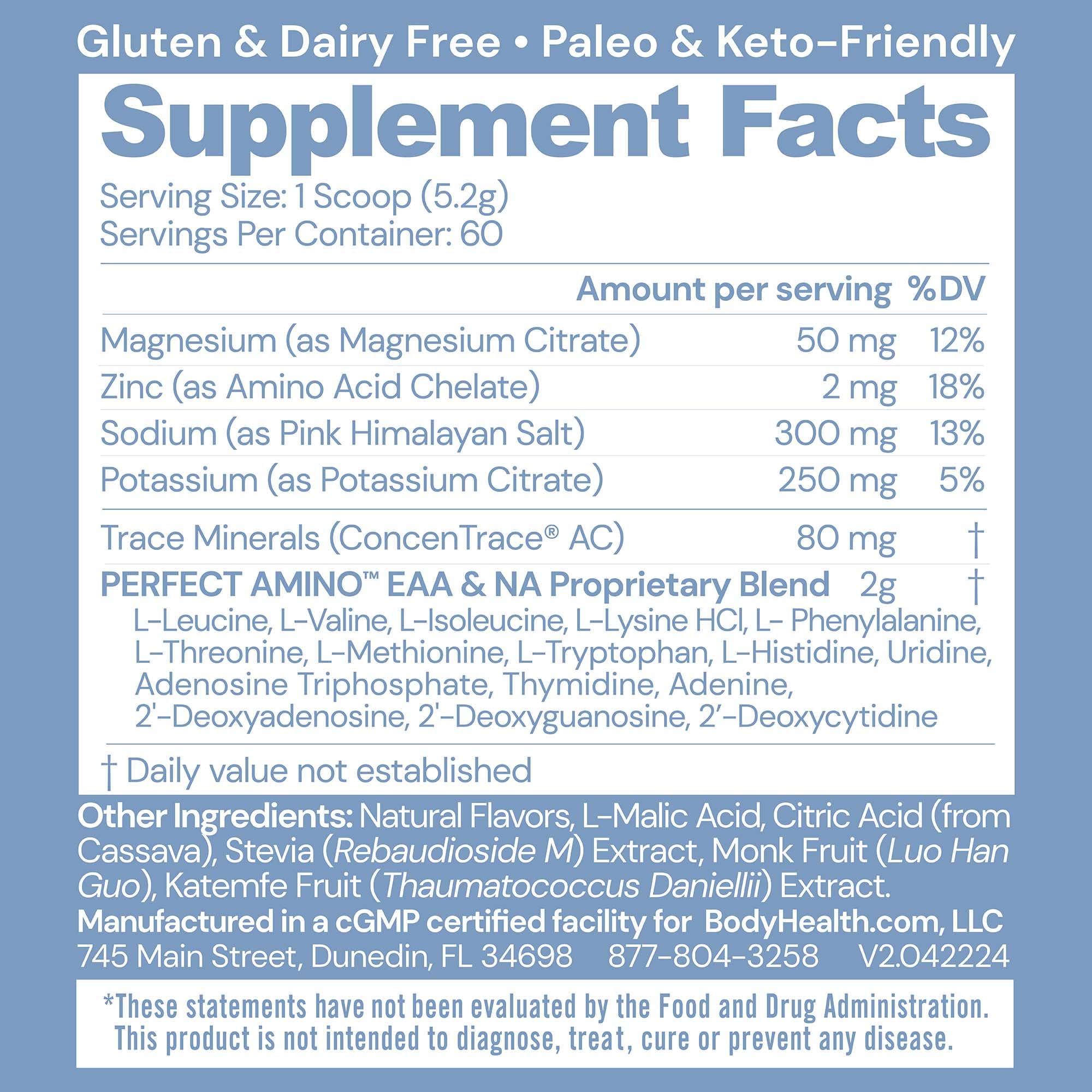 BodyHealth PerfectAmino Electrolytes Watermelon scoop highlights convenient serving for precise hydration.